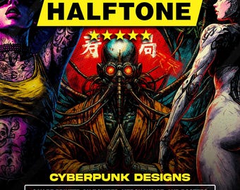 140 Cyberpunk Halftone Designs PNG Bundle A2 A3 A4 | Futuristic Dotwork Pack | Tech Streetwear | DTF Screen Print | No Background