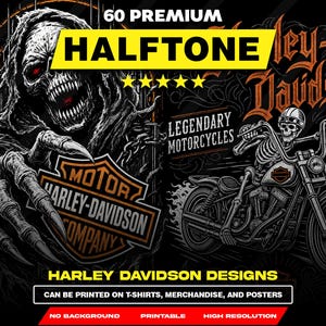 Peut inclure: Une collection graphique numérique intitulée 60 PREMIUM HALFTONE HARLEY DAVIDSON DESIGNS présentant un crâne à capuche, un squelette sur une moto et le logo Harley-Davidson Motor Company. Le texte inclut LEGENDARY MOTORCYCLES.