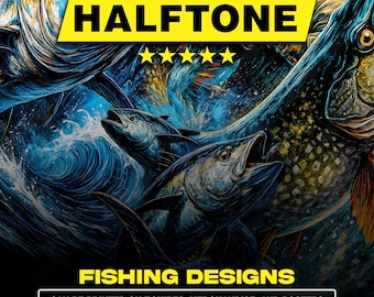 120 Halftone Premium Fishing Designs | A2 A3 A4 Size | Original PNG Bundle for Black Fabric | DTF, Screen Print & Sublimation Ready