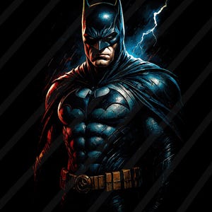 May include: Digital illustration of Batman in a dark, dramatic style. The superhero is depicted in his iconic black and blue suit, with a bat symbol on his chest. A lightning bolt flashes in the background, adding to the dynamic composition.