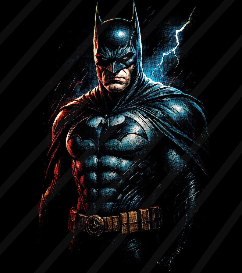 May include: Digital illustration of Batman in a dark, dramatic style. The superhero is depicted in his iconic black and blue suit, with a bat symbol on his chest. A lightning bolt flashes in the background, adding to the dynamic composition.