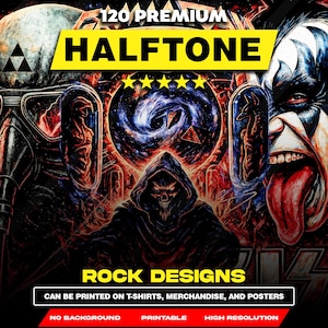Op de afbeelding: Digitale kunst met rockthema's, waaronder een figuur van een schedel met een capuchon. De afbeelding toont de tekst "120 PREMIUM HALFTONE ROCK DESIGNS" en "CAN BE PRINTED ON T-SHIRTS, MERCHANDISE, AND POSTERS."