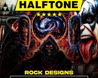 120 Halftone Premium Rock Designs | A2 A3 A4 Size | Original PNG Bundle for Black Fabric | DTF, Screen Print & Sublimation Ready