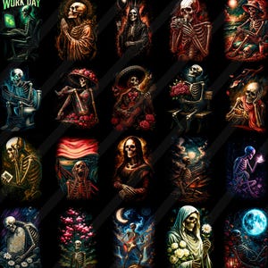 May include: A series of vibrant digital art prints showcasing skeletons in diverse scenarios. Skeletons are seen using a computer, playing a guitar, and holding flowers. The words "WORK DAY" are displayed in the top left corner of the image.