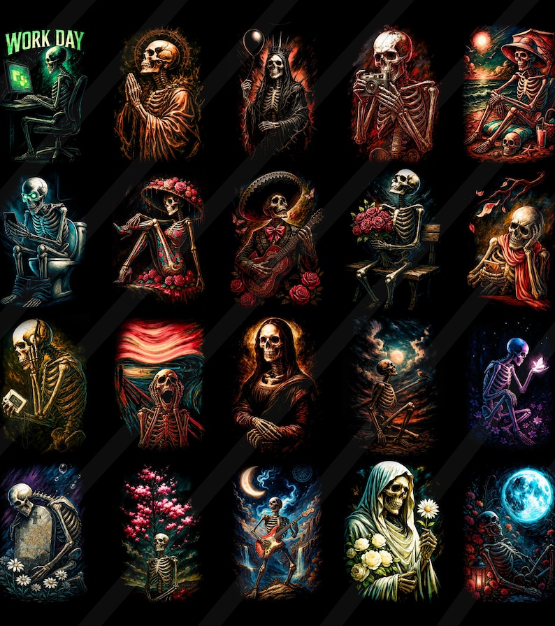 May include: A series of vibrant digital art prints showcasing skeletons in diverse scenarios. Skeletons are seen using a computer, playing a guitar, and holding flowers. The words "WORK DAY" are displayed in the top left corner of the image.