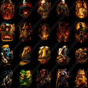 May include: A collection of colorful, stylized portraits of various characters from horror movies, fantasy, and animated films. The images are set against a black background with diagonal stripes. Characters include Freddy Krueger, Pennywise, Gandalf, and Garfield.