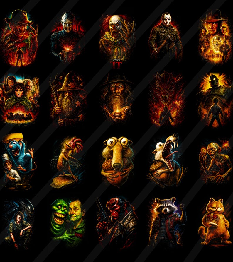 May include: A collection of colorful, stylized portraits of various characters from horror movies, fantasy, and animated films. The images are set against a black background with diagonal stripes. Characters include Freddy Krueger, Pennywise, Gandalf, and Garfield.