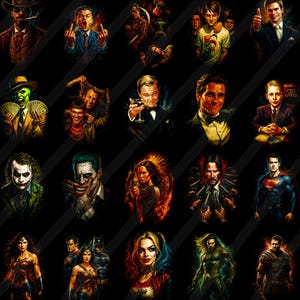 May include: A collection of colorful portraits of various movie and comic book characters against a black background. The images include the Joker, Superman, Wonder Woman, and other iconic figures. The portraits are rendered in a vibrant, artistic style.