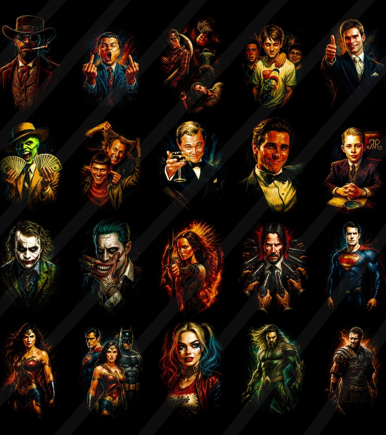 May include: A collection of colorful portraits of various movie and comic book characters against a black background. The images include the Joker, Superman, Wonder Woman, and other iconic figures. The portraits are rendered in a vibrant, artistic style.