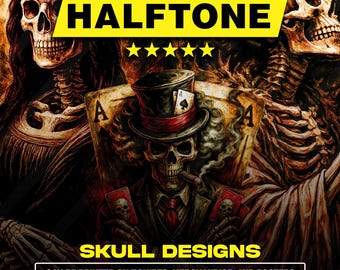 120 Halftone Premium Skull Designs | A2 A3 A4 Size | Original PNG Bundle for Black Fabric | DTF, Screen Print & Sublimation
