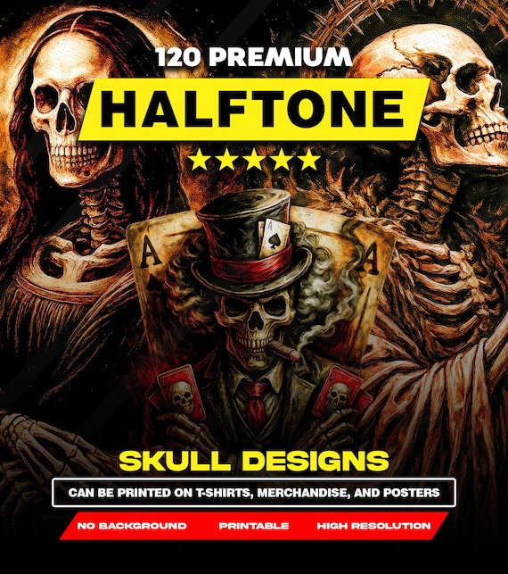 120 Halftone Premium Skull Designs | A2 A3 A4 Size | Original PNG Bundle for Black Fabric | DTF, Screen Print & Sublimation