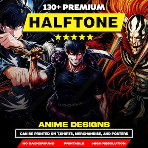 Puede incluir: Una colección digital de más de 130 diseños de anime en semitonos con personajes ilustrados con espadas y máscaras. El texto dice 130+ PREMIUM HALFTONE ANIME DESIGNS, CAN BE PRINTED ON T-SHIRTS, MERCHANDISE, AND POSTERS, NO BACKGROUND, PRINTABLE, HIGH RESOLUTION.
