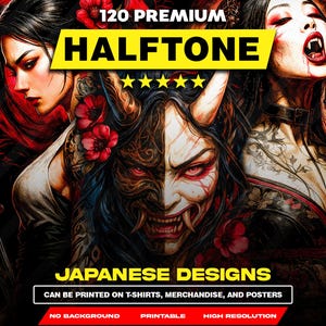Puede incluir: Ilustración digital con tres figuras femeninas estilizadas de estilo japonés. El texto "120 PREMIUM HALFTONE JAPANESE DESIGNS" indica que los diseños son imprimibles en diversos productos.