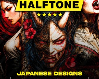 120 Halftone Premium Japanese Designs | A2 A3 A4 Size | Original PNG Bundle for Black Fabric | DTF, Screen Print & Sublimation