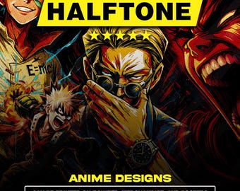 130 Anime Halftone Designs PNG Bundle A2 A3 A4 | Manga Dotwork Pack | Otaku Streetwear | DTF Screen Print | No Background