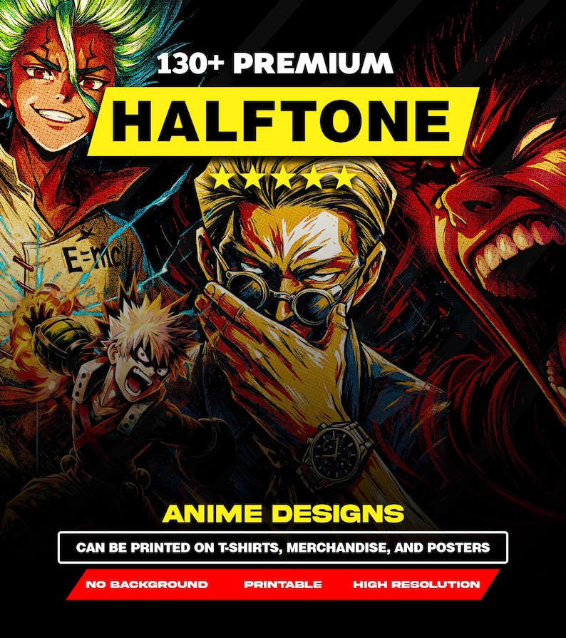 130 Anime Halftone Designs PNG Bundle A2 A3 A4 | Manga Dotwork Pack ...