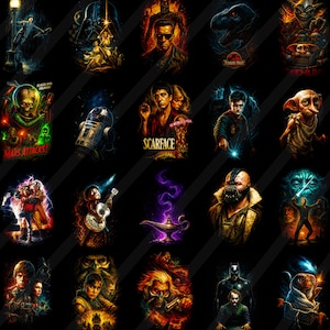 May include: A collection of colorful, stylized illustrations of iconic movie characters and scenes on a black background. Featured characters include Darth Vader, Scarface, Harry Potter, and others. The artwork has a vibrant, comic book style.