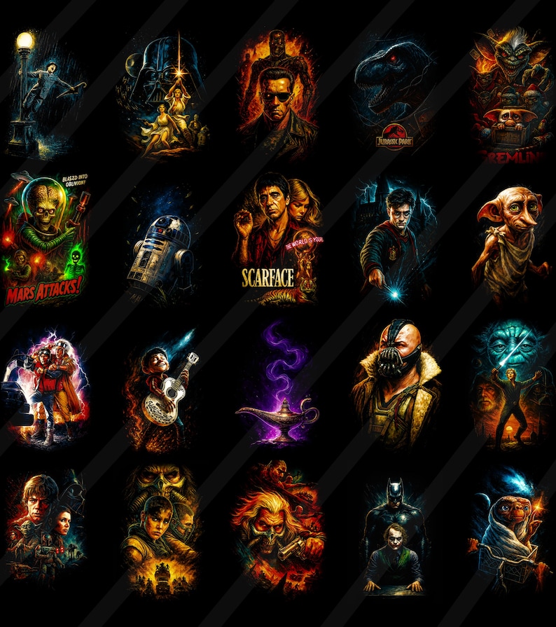 May include: A collection of colorful, stylized illustrations of iconic movie characters and scenes on a black background. Featured characters include Darth Vader, Scarface, Harry Potter, and others. The artwork has a vibrant, comic book style.