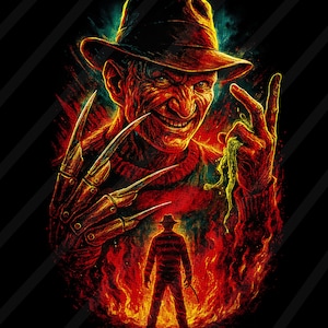 May include: A digital illustration of a menacing figure with a fedora and a striped sweater, wielding bladed gloves. The image features a fiery background and a silhouette of the same figure, creating a horror theme.