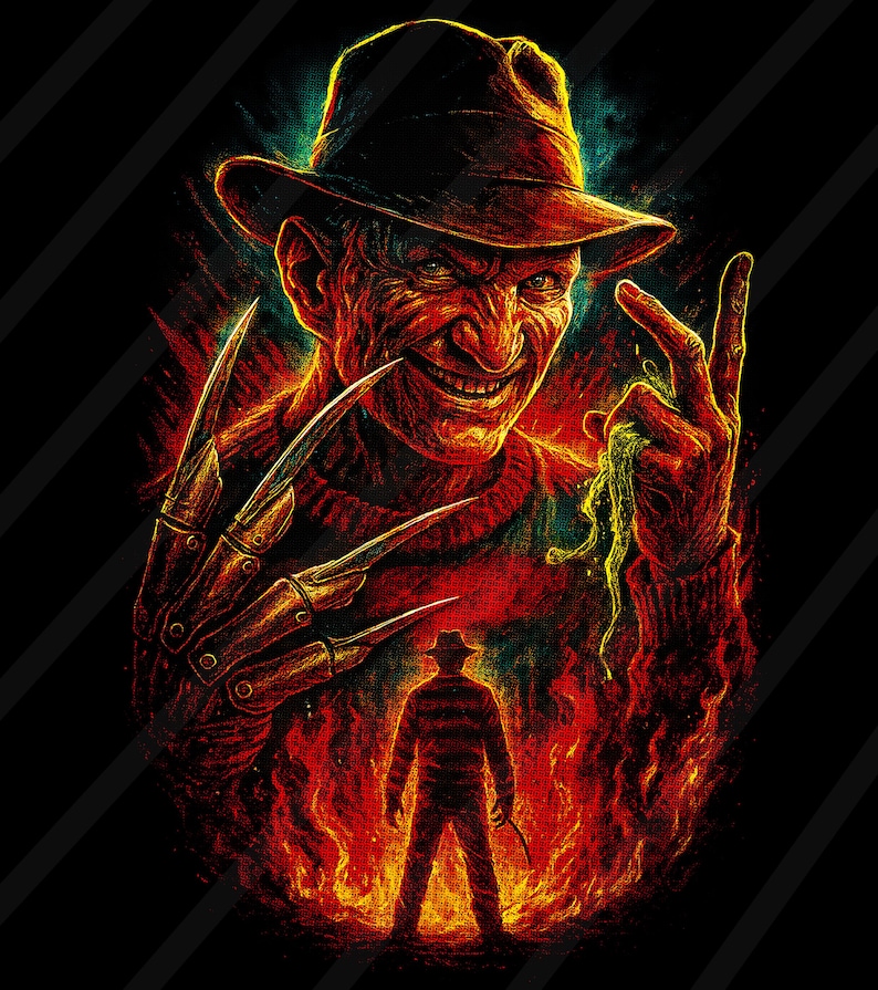 May include: A digital illustration of a menacing figure with a fedora and a striped sweater, wielding bladed gloves. The image features a fiery background and a silhouette of the same figure, creating a horror theme.