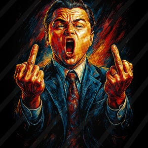 May include: Digital art print of a man in a suit, yelling with his mouth open and giving the middle finger with both hands. The artwork features a color palette of blue, red, and orange against a black background.