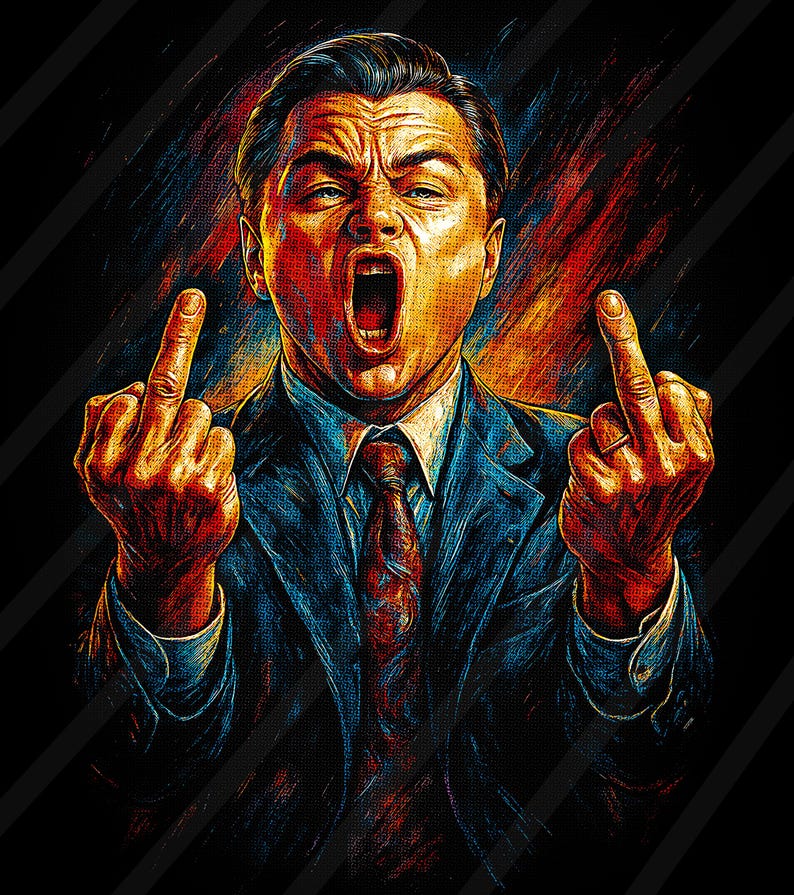 May include: Digital art print of a man in a suit, yelling with his mouth open and giving the middle finger with both hands. The artwork features a color palette of blue, red, and orange against a black background.