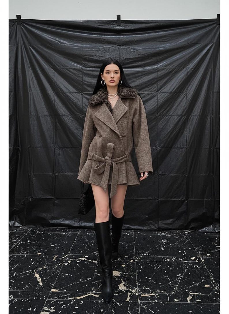 May include: A brown wool coat featuring a faux fur collar and a belted waist. The coat has a double-breasted design and a ruffled hem. The model is wearing black knee-high boots. The background is a black backdrop.