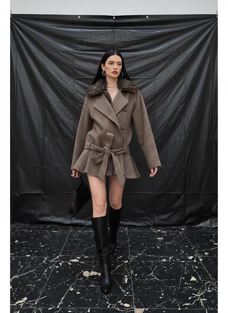 May include: A brown wool coat featuring a faux fur collar and a belted waist. The coat has a double-breasted design and a flared skirt. The model is wearing black knee-high boots and carrying a black handbag. The background is a black textured backdrop.