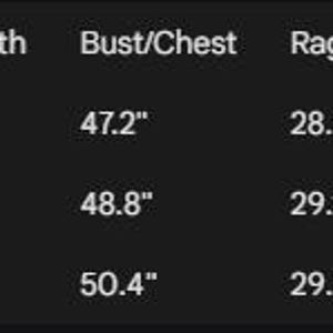 May include: A size chart for a garment, showing measurements in inches. Sizes S, M, and L are listed. Total lengths are 22.4", 22.8", and 23.2". Bust/chest measurements are 47.2", 48.8", and 50.4". Raglan sleeve lengths are 28.7", 29.1", and 29.5".