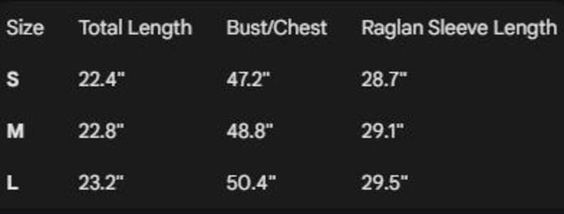 May include: A size chart for a garment, showing measurements in inches. Sizes S, M, and L are listed. Total lengths are 22.4", 22.8", and 23.2". Bust/chest measurements are 47.2", 48.8", and 50.4". Raglan sleeve lengths are 28.7", 29.1", and 29.5".