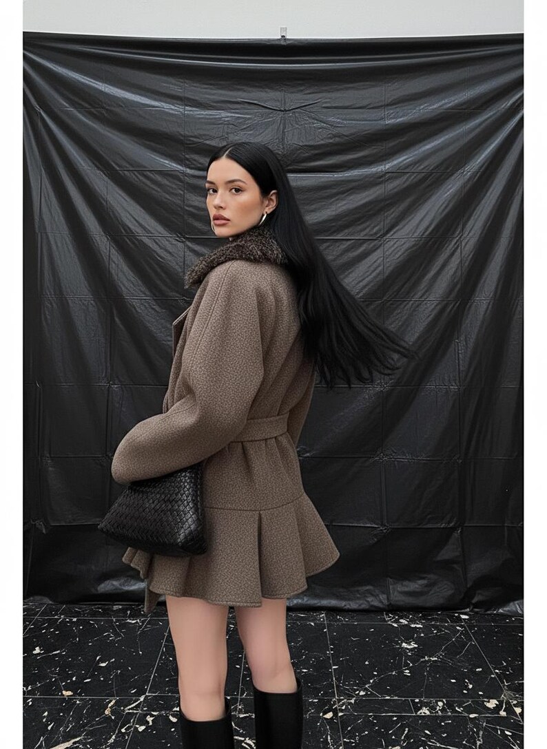 May include: A brown coat with a fur collar and a belted waist. The coat features a flared skirt and is worn with a black handbag and black boots. The background is a black backdrop.