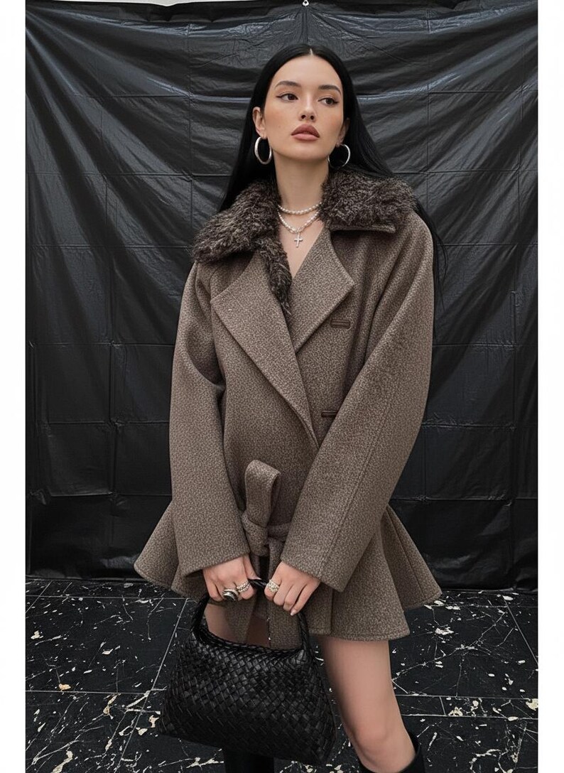 May include: A brown wool coat featuring a faux fur collar and a belted waist. The coat has a classic design with a tailored fit. The model is holding a black woven handbag. The background is a black textured surface.