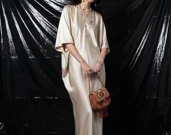 Champagne Silk Kaftan Maxi Dress, Elegant Satin Wedding Guest Dress, Minimalist Long Sleeve Drape Gown, Luxury Resort Wear for Women