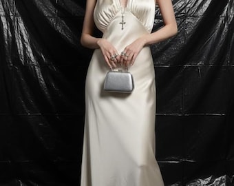 Silk Satin Halter Maxi Dress for Wedding Guest, Elegant Champagne Gold Evening Gown, Backless Formal Dress for Gala Old Hollywood Style Gown