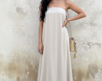 Champagne Satin Maxi Dress for Wedding Guest - Minimalist Strapless Silk Tube Dress - Bohemian Summer Beach Gown