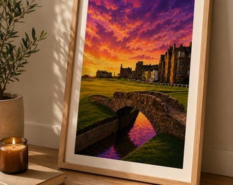 Stampa artistica del tramonto sul campo da golf di St Andrews, Scozia, decorazione da parete, regalo