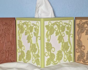 Botanical Ivy Tissue Box Cover with Leaf Pattern | Sage Green, White, or Wood Finish