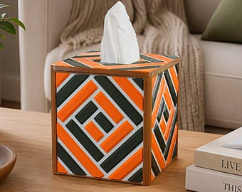 Square Tissue Box Cover, Multicolor Herringbone Pattern, Embossed Tiles