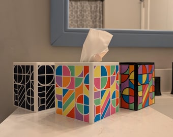 Funda geométrica moderna para caja de pañuelos, colorida decoración pop art de mediados de siglo.