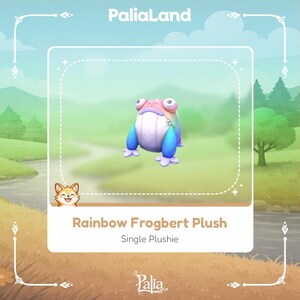 May include: A Rainbow Frogbert Plushie, a colorful stuffed frog with a rainbow-colored body, blue arms and feet, and a pink and blue head. The plushie is displayed on a light green background with the text "Rainbow Frogbert Plush" and "Single Plushie".
