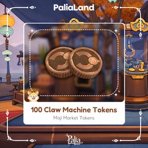 May include: Two brown claw machine tokens with a circular design and the text "100 Claw Machine Tokens" and "Maji Market Tokens". The tokens have a wooden appearance and are set against a decorative background.