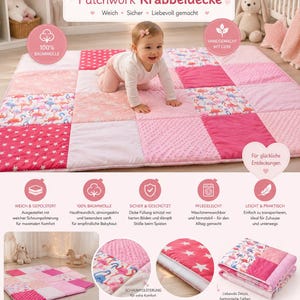 Könnte beinhalten: Eine rechteckige Patchwork-Krabbeldecke in verschiedenen Rosa- und Weißtönen mit Flamingo- und Sternenmustern. Die Decke ist gesteppt, hat eine weiche Textur und enthält deutschen Text wie Patchwork Krabbeldecke und 100% Baumwolle.