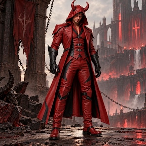 May include: A red and black leather-like long coat with a hood and integrated horns, worn over a matching vest and trousers. The outfit features black leather gloves, buckled straps on the chest, and red boots with black accents in a dark setting.