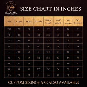 Puede incluir: Una tabla de tallas en pulgadas para Blackfang Leathers con un logotipo de lobo. La tabla enumera las medidas para las tallas de XXS a 4XL, incluyendo pecho, cintura, hombro, largo de manga, largo de abrigo, entrepierna y largo de pantal&oacute;n.