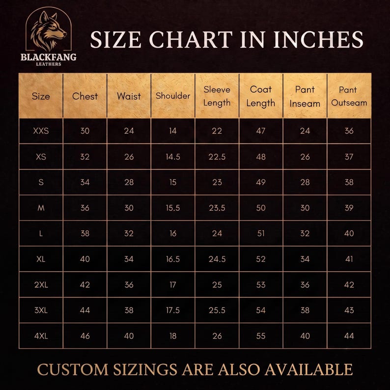 Puede incluir: Una tabla de tallas en pulgadas para Blackfang Leathers con un logotipo de lobo. La tabla enumera las medidas para las tallas de XXS a 4XL, incluyendo pecho, cintura, hombro, largo de manga, largo de abrigo, entrepierna y largo de pantal&oacute;n.