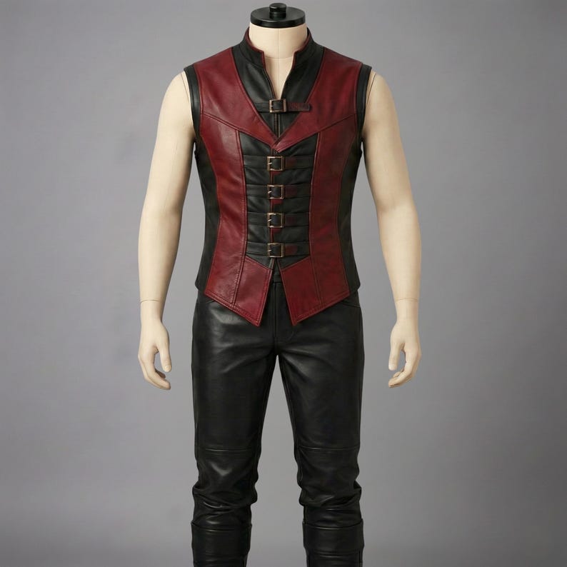Front view of a red and black genuine leather vest with multiple front metal buckles and matching custom leather pants for fantasy themed cosplay and events.