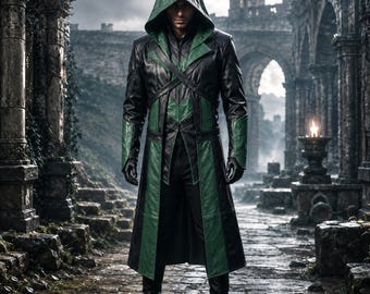 Abrigo de cuero verde inspirado en un asesino / Disfraz de fantasía para cosplay, LARP o Halloween