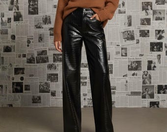 Black Crocodile Embossed Leather Pants | High Waist Wide Leg Trousers