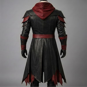 Back view of a black and red gothic leather coat showing tailored structured fitting, a detailed red hood, and flared split tail design for assassin warrior costumes.