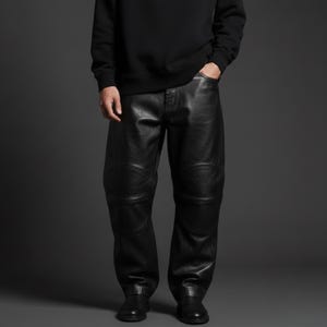 Handmade Men’s Black Leather Baggy Pants | custom size Streetwear Trousers